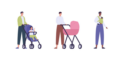 Parent with child in stroller and sling. Vector flat people illustration set. Group of male with kid on hand or pram. African american, caucasian, asian ethic person. Concept of father love and care