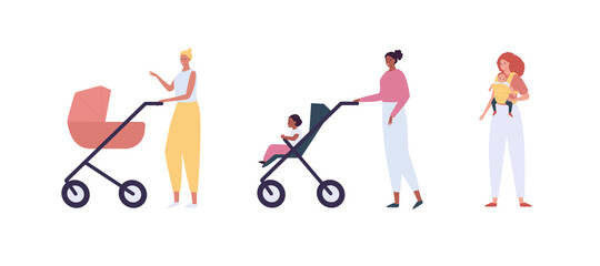 Parent with child in stroller and sling. Vector flat people illustration set. Group of female hold kid on hand or pram. African, caucasian, hispanic ethic person. Concept of mother love and care
