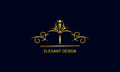 Golden monogram on a black background with the letter I. Graceful logo with the initial. Universal emblem, symbol of restaurant, business, greeting cards, invitations.