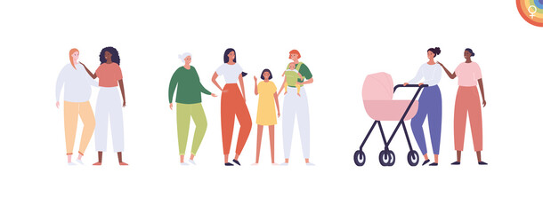 Lgbt family with child concept. Vector flat people illustration set. Lesbian woman parents with girl and grandmother. African american and mixed ethic person. Concept of mother love and care