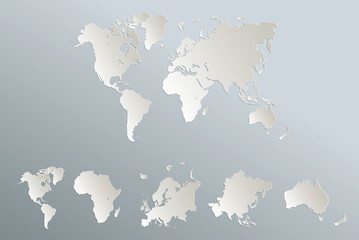 Obraz premium World continents map, America, Europe, Africa, Asia, Australia, blue white card paper 3D blank