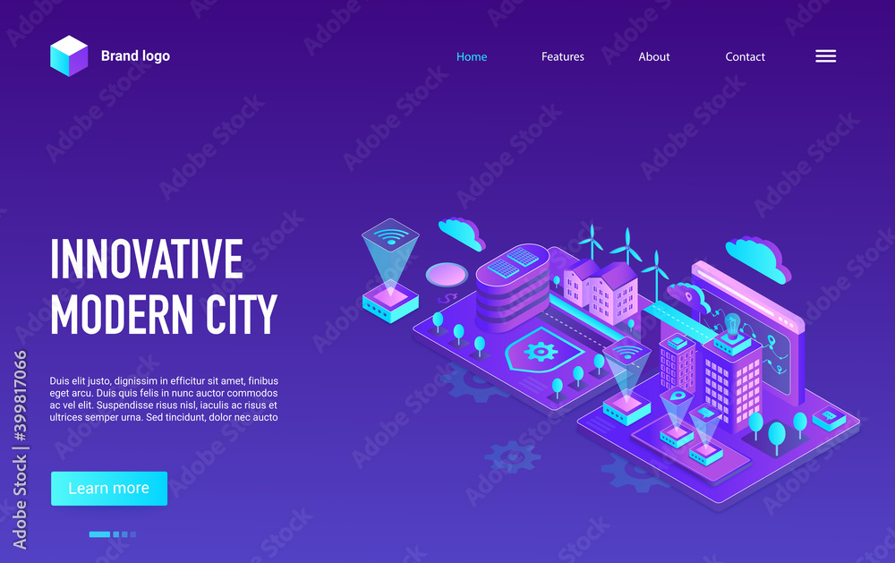 Poster Creative modern concept landing page, website design with cartoon map of cityscape using cyber infrastructure, artificial intelligence control. Isometric smart city iot technology vector illustration