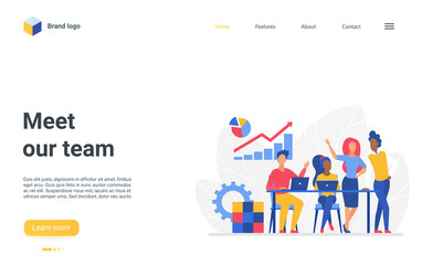 Website landing page creative design with cartoon flat businessman and businesswoman corporate team meeting in office, working together on profit growth. Business people teamwork vector illustration