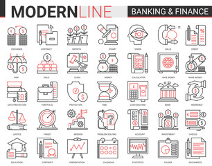 Finance and banking complex red black line icons vector illustration set. Creative website financial outline symbols of digital bank software, legal insurance and cyber security business collection.