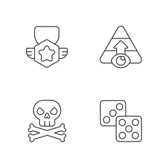 Videogame menu linear icons set. Board games, level selection, achievement and game over customizable thin line contour symbols. Isolated vector outline illustrations. Editable stroke