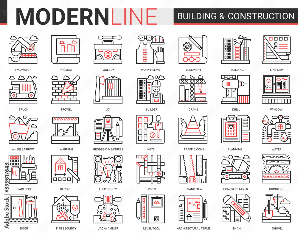 Poster building construction complex red black line icons vector illustration set, outline constructing web