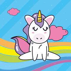 unicorn horse cartoon sitting with rainbow and clouds vector design