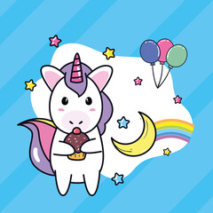 Obraz na płótnie Canvas unicorn horse cartoon with cupcake moon and balloons vector design
