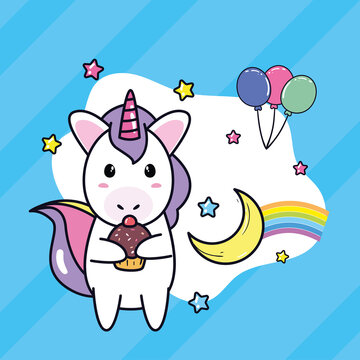 unicorn horse cartoon with cupcake moon and balloons vector design