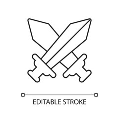 Videogame battle linear icon. Competitive game, PVP mode thin line customizable illustration. Contour symbol. Electronic entertainment. Crossed swords vector isolated outline drawing. Editable stroke