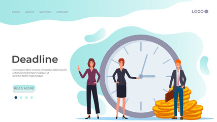 Deadline.People distribute tasks and check them against the clock.Time management and teamwork.People on the background of large watches and coins.The template of the landing page.