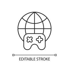 Play online linear icon. Internet connection, electronic entertainment. Online videogame thin line customizable illustration. Contour symbol. Vector isolated outline drawing. Editable stroke