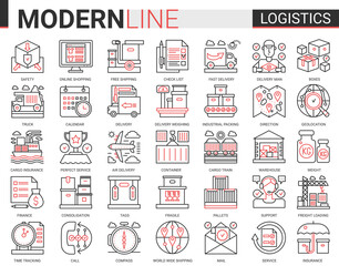 Logistics transportation, delivery service complex line icon vector illustration set. Red black thin linear delivering symbols mobile app website with freight transport, warehouse loading, shipping.