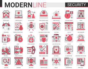 Security flat line concept symbols. Data PC Protection technology. Smart home safety, secure database, data privacy modern red black icons set.