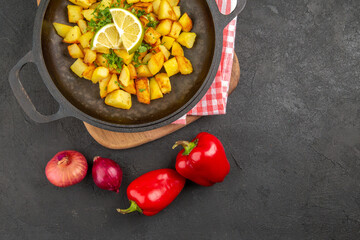 top view fried potatoes inside pan with vegetables on dark background cuisine meal food color dish dinner