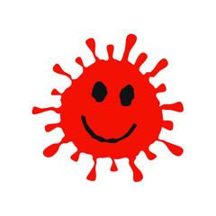 Smiling virus face icon. Smile coronavirus disease symbol. Emoji and emoticon sign. Happy emotion. Influenza epidemic logo. Sars covid-19 pandemic. Isolated on black background. Vector illustration.