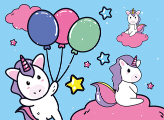 unicorns horses cartoons with balloons vector design