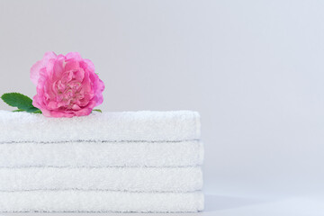 Four white neatly folded terry towels with a rose flower on a light background.
