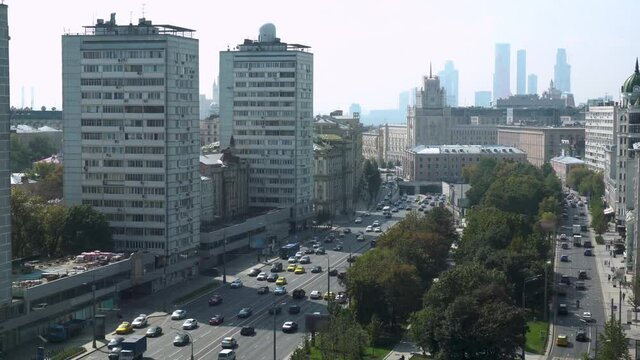 Cars driving on the Moscow road timelapse. View from above