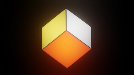 A 3D rendered illustration of a cube glowing white - orange tone in the balck background
