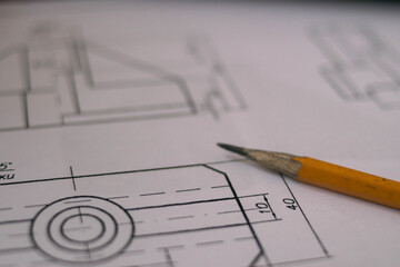 Drawing. Detail plan. Sharpened pencil. Constructions.