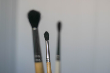 Artistic brushes. Light background. Painting. Squirrel brushes for watercolors. Materials for artists.