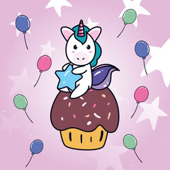 unicorn horse cartoon on cupcake with balloons vector design