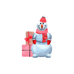 Snowman in winter red clothes, with boxes of gifts. New Year and Christmas card, calendar, print. Hand drawn watercolor painting on white background