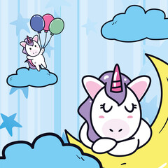 Obraz na płótnie Canvas unicorns horses cartoons with moon and balloons vector design