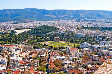 Fototapeta na wymiar View from Acropolis hill on Temple of Olympian Zeus and Athens, Greece
