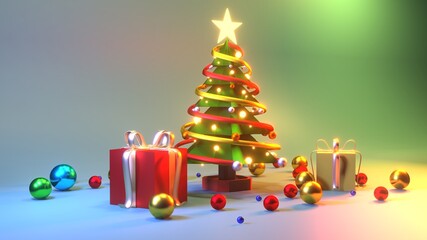 A 3D rendered illustration of a Christmas tree with stars glowing golden yellow on top. Decorated with yellow and red ribbons With fluorescent yellow and silver reflective balls