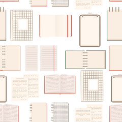 Seamless pattern of different notepads flat vector illustration on white background