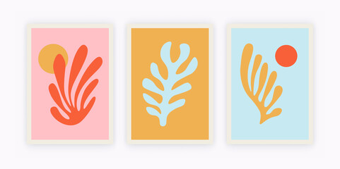 Fototapeta na wymiar Contemporary Matisse inspired poster set. Abstract organic shapes, creative art, hand drawn collage set. Vector illustration