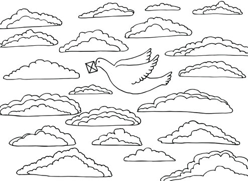 Coloring book with a bird. a white dove flies in the sky with clouds and holds a letter in its beak. isolated closed contour in a vector illustration.