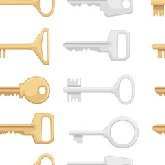 Seamless pattern of golden and silver keys for closing and opening door chest and others flat vector illustration on white background