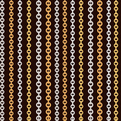 Seamless pattern golden and silver chain jewelry accessory flat vector illustration on brown background