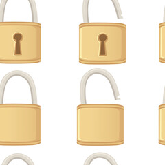 Seamless pattern closed and open lock classic metal lock with golden color flat vector illustration on white background