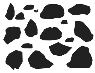 Black silhouette set of stones and rocks different sizes and shapes flat vector illustration isolated on white background