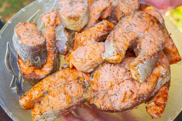 Grilled red fish trout steaks lie on a glass plate