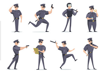 Funny American policeman in different poses flat item set. Cartoon character in cop outfit with gun isolated vector illustration collection. Police and security concept