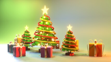 A 3D rendered illustration of three Christmas trees with stars glowing golden yellow atop. Decorated with yellow and red ribbons With fluorescent yellow and silver reflective balls 