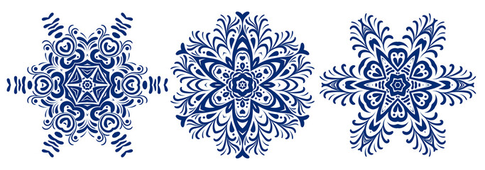 Set Snowflake. Navy blue Mandala. Decorative round ornaments. Weave Indian design elements. Yoga logos. Vector illustration