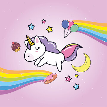 unicorn horse cartoon sleeping with rainbows vector design