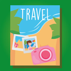 travel camera and pictures on beach vector design