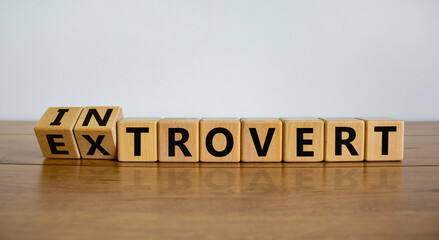 Introvert or extrovert symbol. Fliped cubes and changed the word 'introvert' to 'extrovert'. Beautiful wooden table, white background, copy space. Psychological and Introvert or extrovert concept. - obrazy, fototapety, plakaty