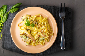 beige plate of pasta with ham and mushrooms in a creamy sauce with basil on a black board with a fork.