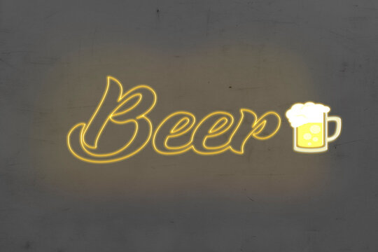 Neon Beer With Yellow Letters. Vector Illustration. Lights.