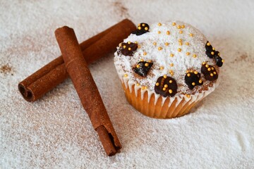 Christmas composition: Christmas cupcake decorated with icing and surrounded by cinnamon sticks on a background of powdered sugar