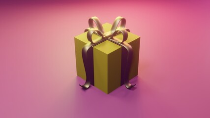 3D rendering illustration of a beautiful yellow color New Year festival gift box On a purple tone background