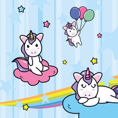 unicorns horses cartoons with clouds rainbow and balloons at sky vector design